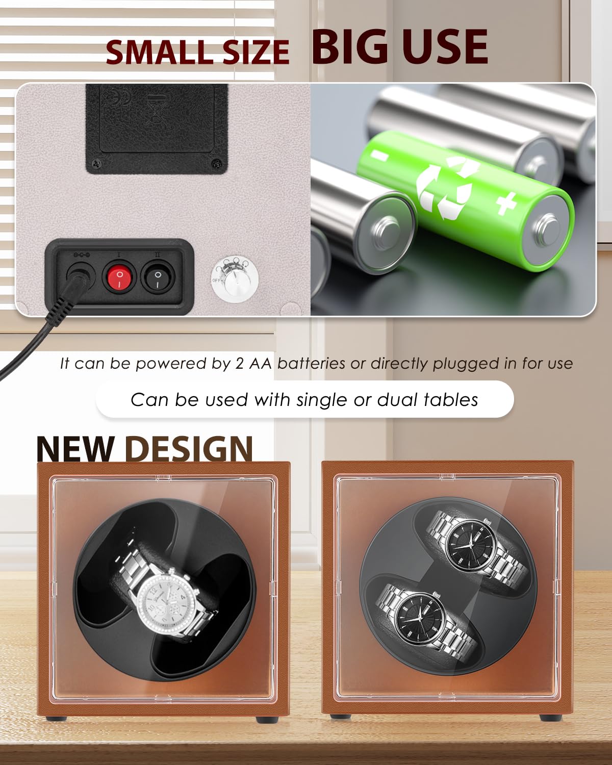 Mxmoonant Automatische Uhrenbeweger für 2 Uhren, 5 Rotationsmodi mit leisem Motor, AC-Adapter & Batteriebetrieb, LED-Beleuchtung (EU Stecker)