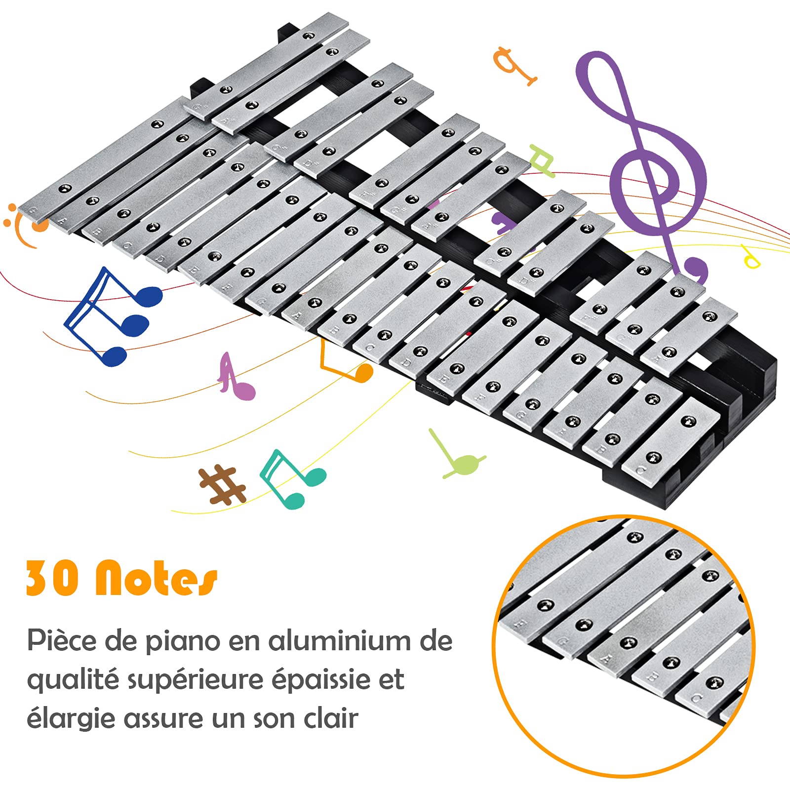 DREAMADE Glockenspiel, 30 Note Xylophone Pliant avec 2 Maillets, Xylophone en Aluminium Cadre en Bois avec Sac de Transport, Instrument de Percussion pour Enfant et Adulte