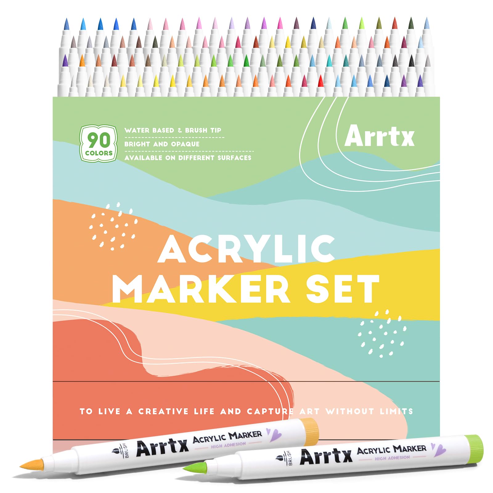 Arrtx Juego de rotuladores acrílicos de 90 colores, resistentes al agua, con punta de pincel para piedra, metal, plástico, cerámica, lienzo, pintura de roca, bricolaje