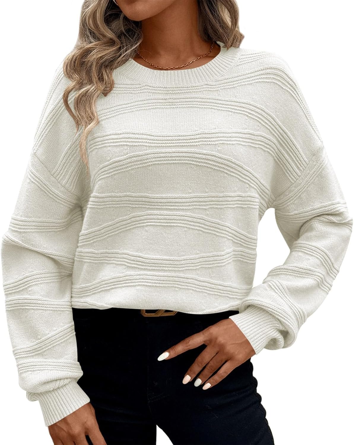 Pink Queen Womens Crew Neck Long Sleeve Ribbed Knit Pullover Tops Loose Casual Sweater Jumpers Fashion Trendy 2026