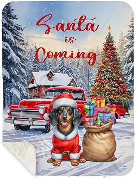 Santa is Coming Dachshund Merry Christmas Xmas Noel Truck Tree Sherpa Blanket Wiener Dog Lover Gifts Idea Cozy Sherpa Fleece Throw Blanket - 02023