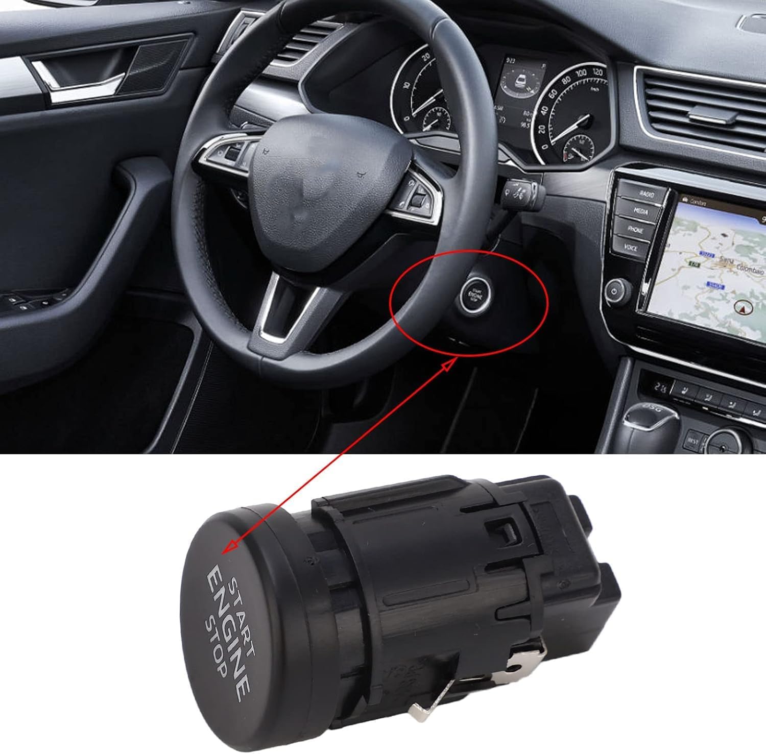 Ignition Push Button Engine Start Stop Switch (OE: 3VD905217) - Compatible with Skoda Kodiaq 2017-2021 & Skoda Karoq 2018-2021 - 4 Pin, Black