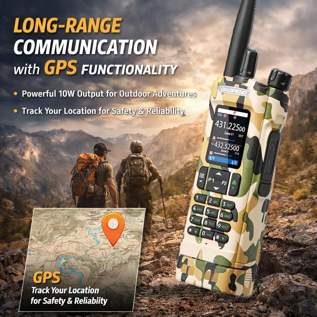 BAOFENG UV-32 Ham Radio Camouflage: 10W Long Range Handheld Walkie Talkie with GPS for Outdoor - Weather Radios with NOAA Alerts for Emergency Security - an Extra Gooseneck Antennas Type-C Charger