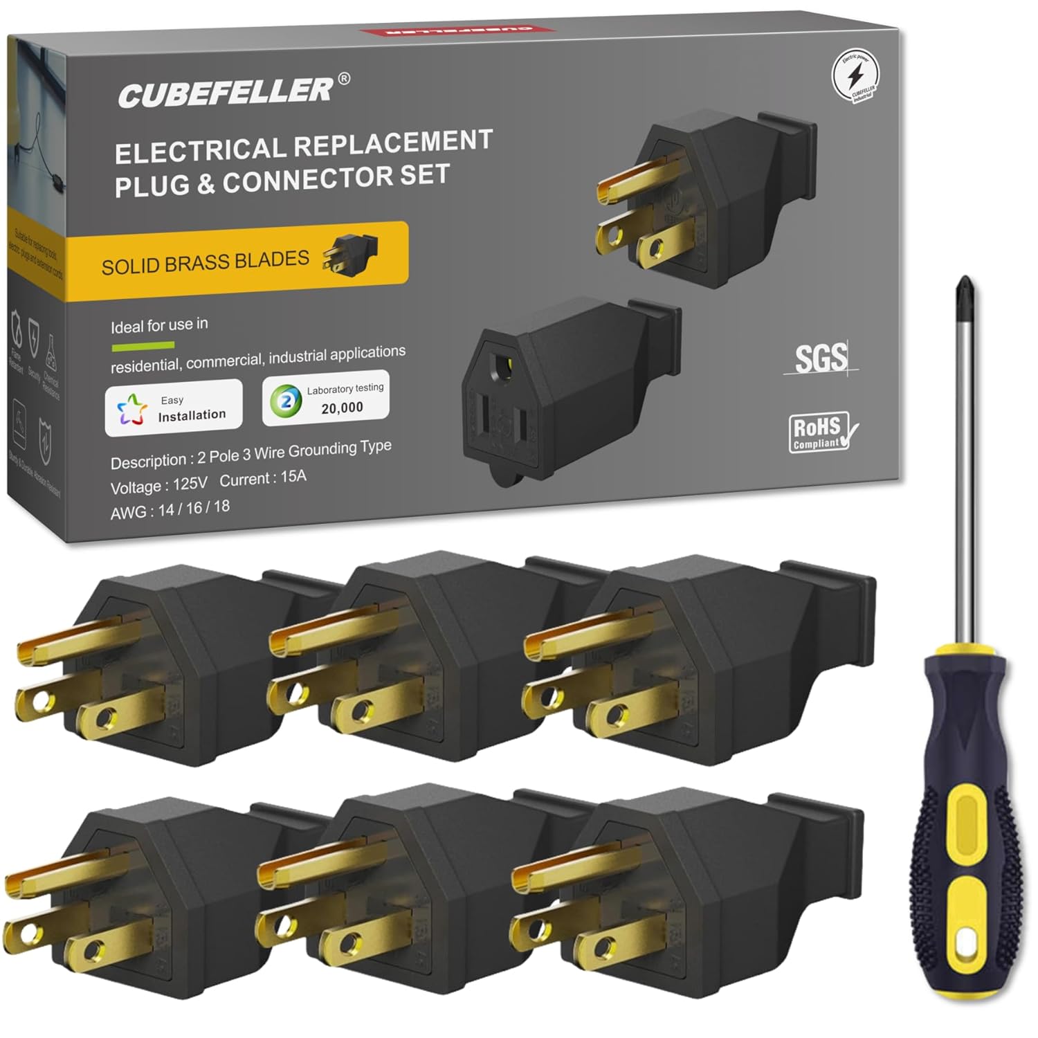 CUBEFELLER® Extension Cord Ends Male Kit, Replacement Plug, 15Amp, 125Volt, NEMA 5-15P, 2Pole 3Wire Grounding,Comes with Screwdriver, ER2106M (6pcs)