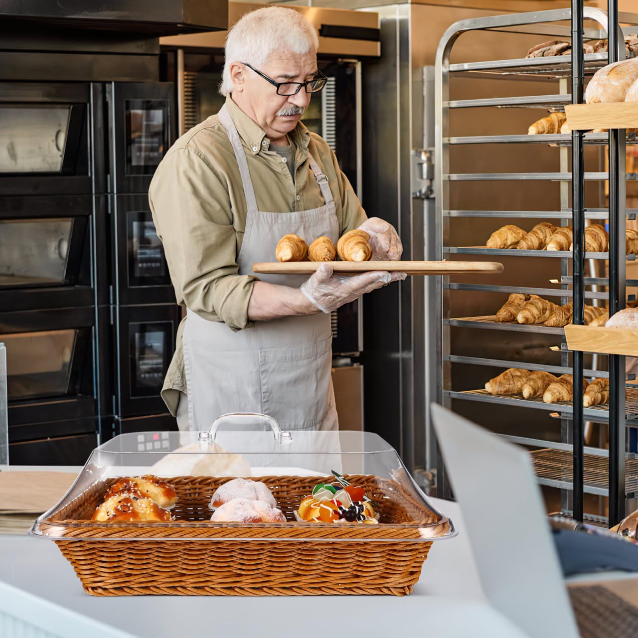 Cesta de pan tejida de mimbre para servir, cesta de pan de ratán de imitación con tapa acrílica, cesta tejida de mesa para servir alimentos, cesta de frutas para cocina y restaurante