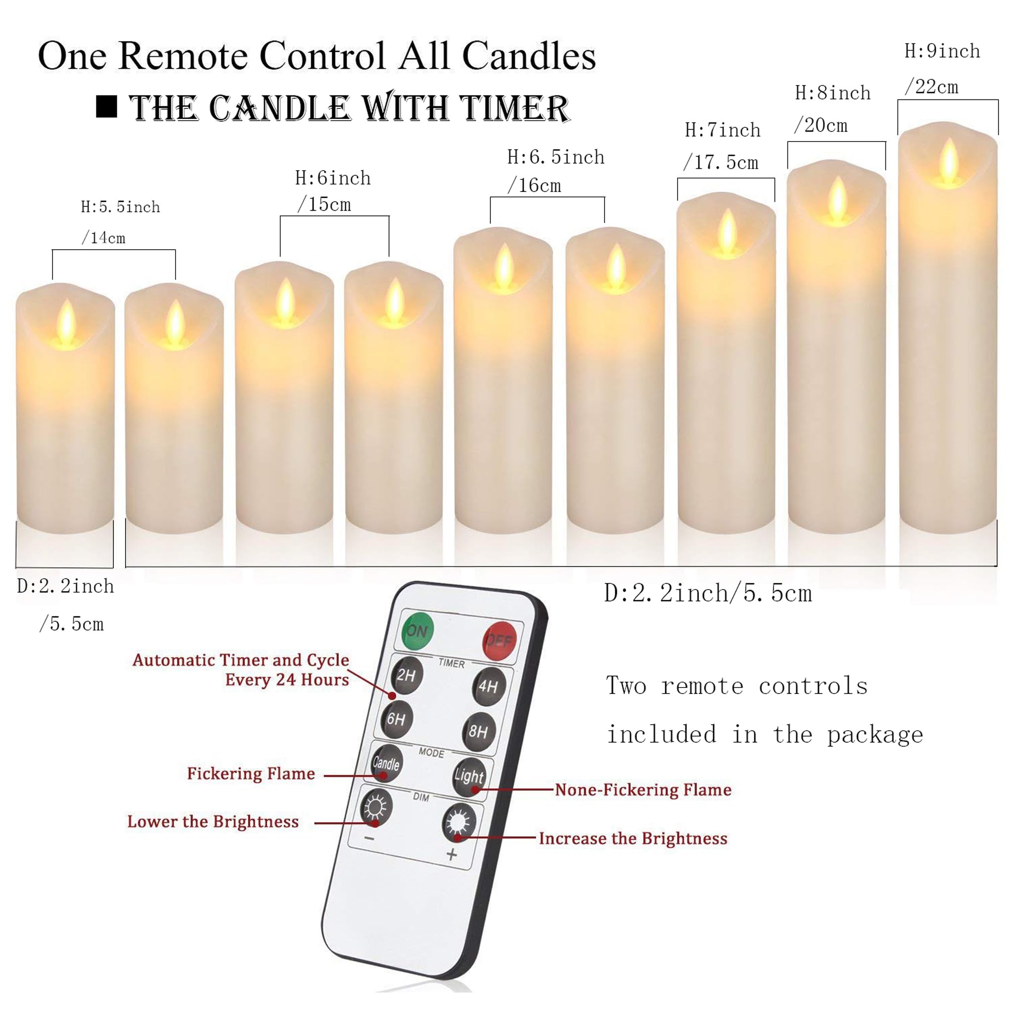 VETOUR Candele elettriche a LED senza fiamma: 9 candele elettriche a batteria H5 "6 "7" 8 "9" D2.2 "Candele elettriche tremolanti in vera cera con telecomandi e timer per Chris Halloween Decor