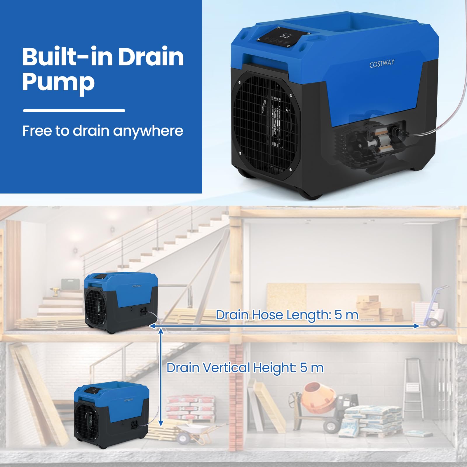 FANTASK Luftentfeuchter 66 L/Tag, elektrischer Bautrockner mit Ablaufschlauch & Pumpe, leistungsstarker Entfeuchter für Keller, Baustelle & große Räume bis 167 m² (Blau)