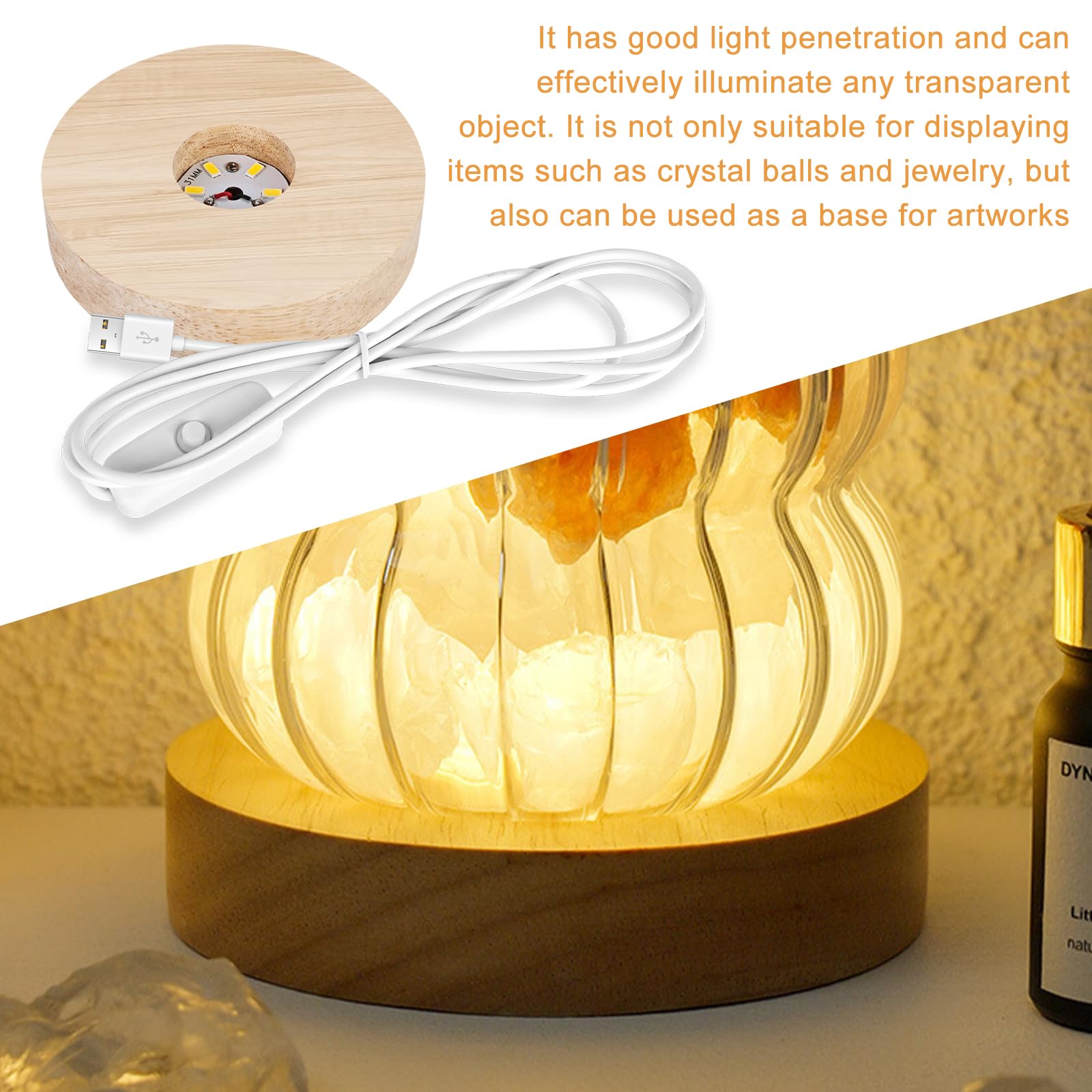 4 pièces de base lumineuse ronde en bois, LED USB avec interrupteur, affichage pour boules de cristal, lumière jaune chaude/lumières colorées