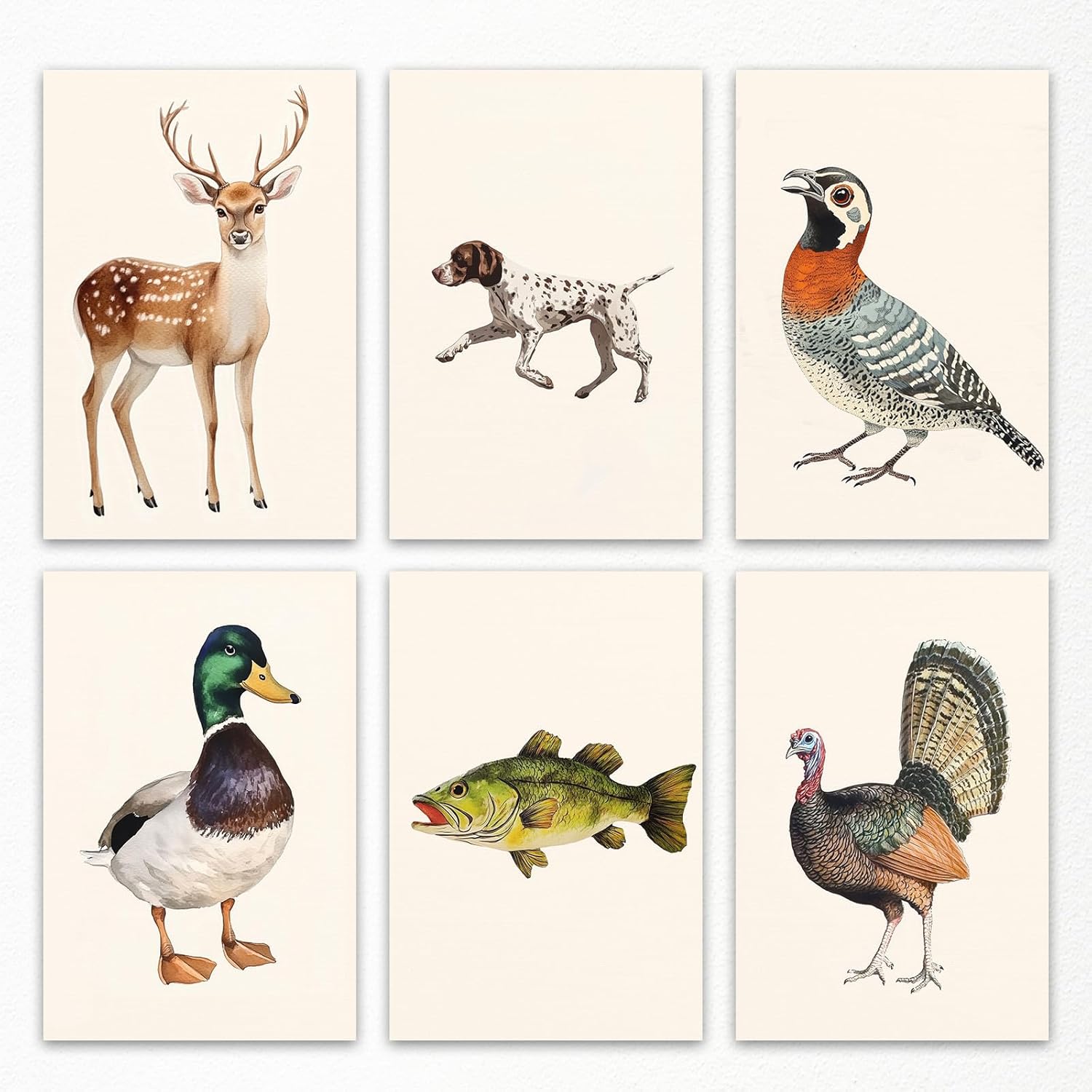 Nursery Animal Canvas Wall Art, Mallard Duck Hunting Poster, Fish Fishing Wall Decor, Set of 6 Watercolor Animals Painting for Kids, Farm Plant Picture, Dog Bird Turkey Cabin Art 12x16in Unframed