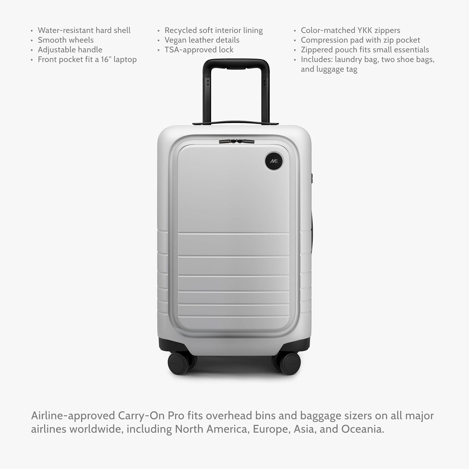 Monos Carry-On Pro Luggage 22 Inch – Hardside Spinner Suitcase with TSA Lock & Laptop Front Pocket | Airline Approved, 36L Polycarbonate Rolling Carry On Bag | Fits 16" Laptop | Stellar White