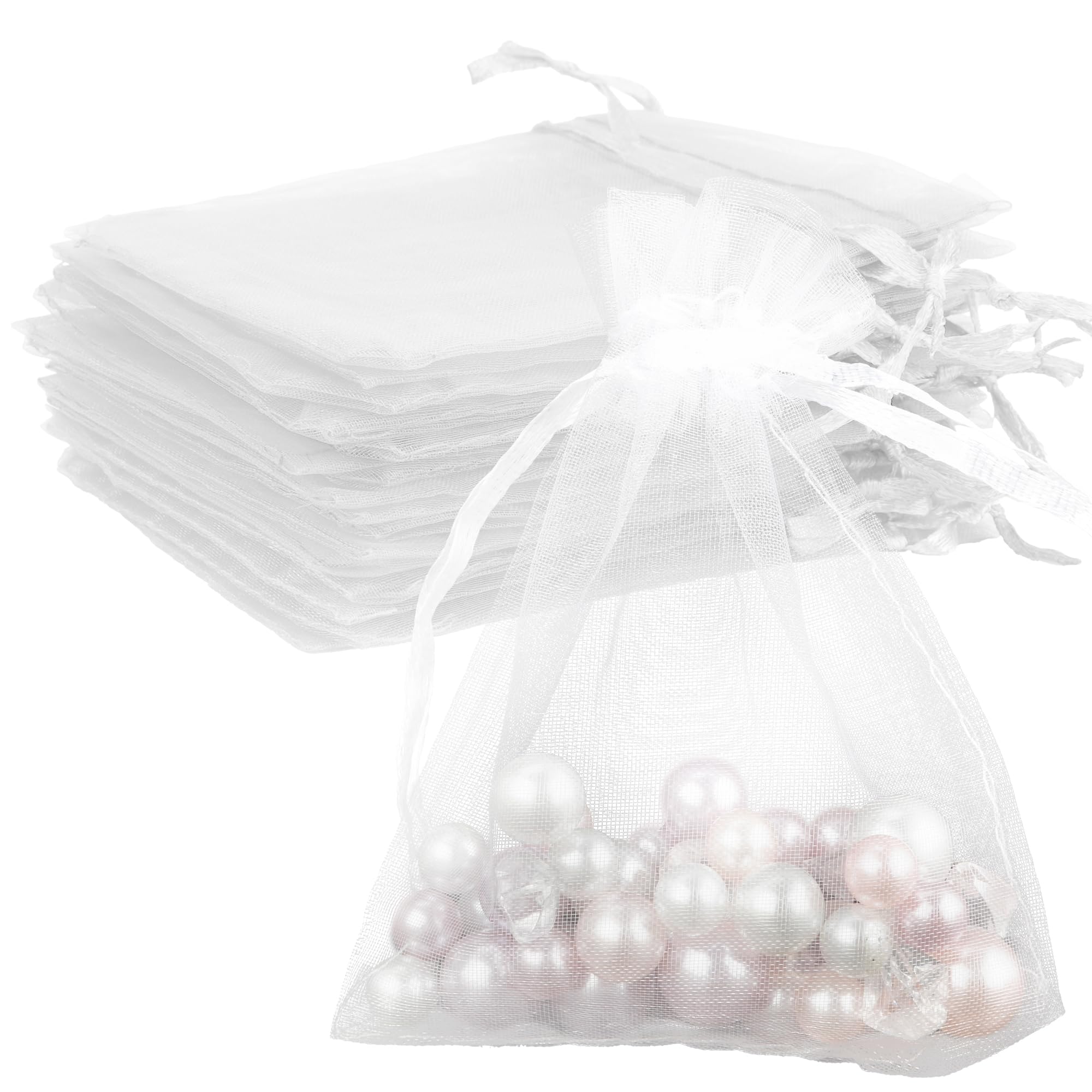 White Organza Bags - 50 Pcs, Sheer 4 x 6 Inch, Jewelry &amp; Party Favor Bags with Drawstring, Mesh Gift Pouches for Wedding, Valentine's Day Party