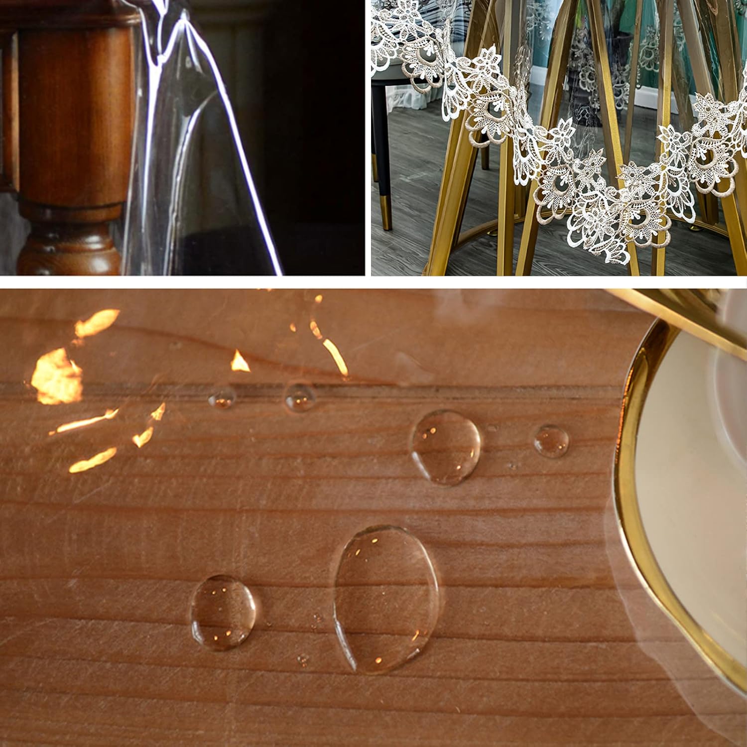 Jeloris Plastic Clear Round Tablecloth Vinyl PVC Waterproof Tablecloth Embroidered Lace Edge Transparent Table Cover for Kitchen Dining Coffee Table (Round 60 inch, Khaki Flora)