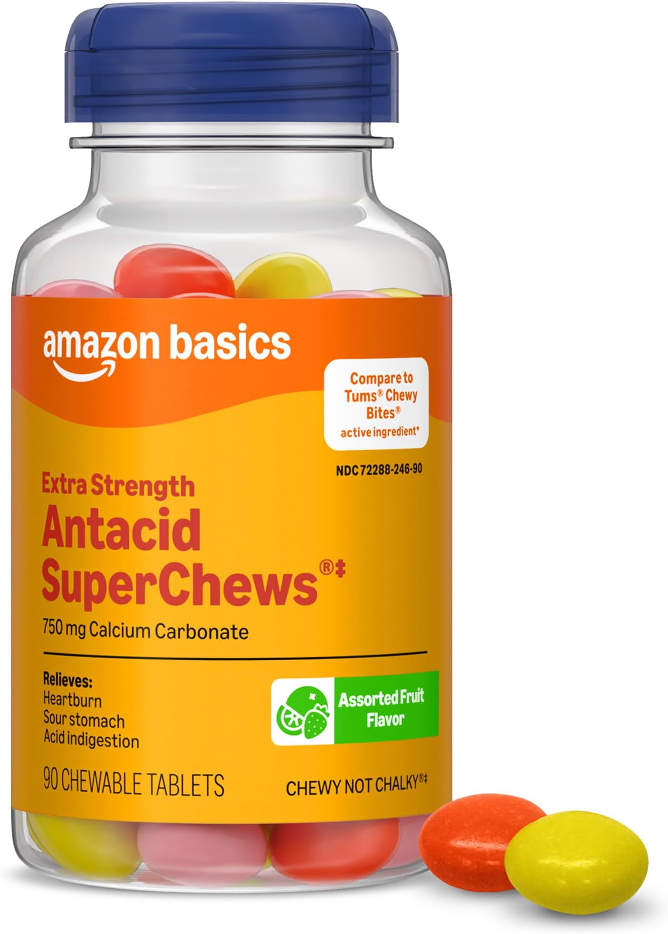 Extra Strength Antacid SuperChews Chewable Tablets, Assorted Fruit, 90 count, Orange, Pink, Yellow (Previously Amazon Basic Care)