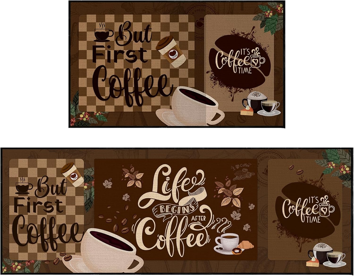 Bencailor 2 Pcs Coffee Kitchen Rugs Coffee Decor Kitchen Welcome Door Mats Farmhouse Brown Decorative Rugs Non Slip Washable Mat for Floor Home Indoor Decor Dark Color Coffee