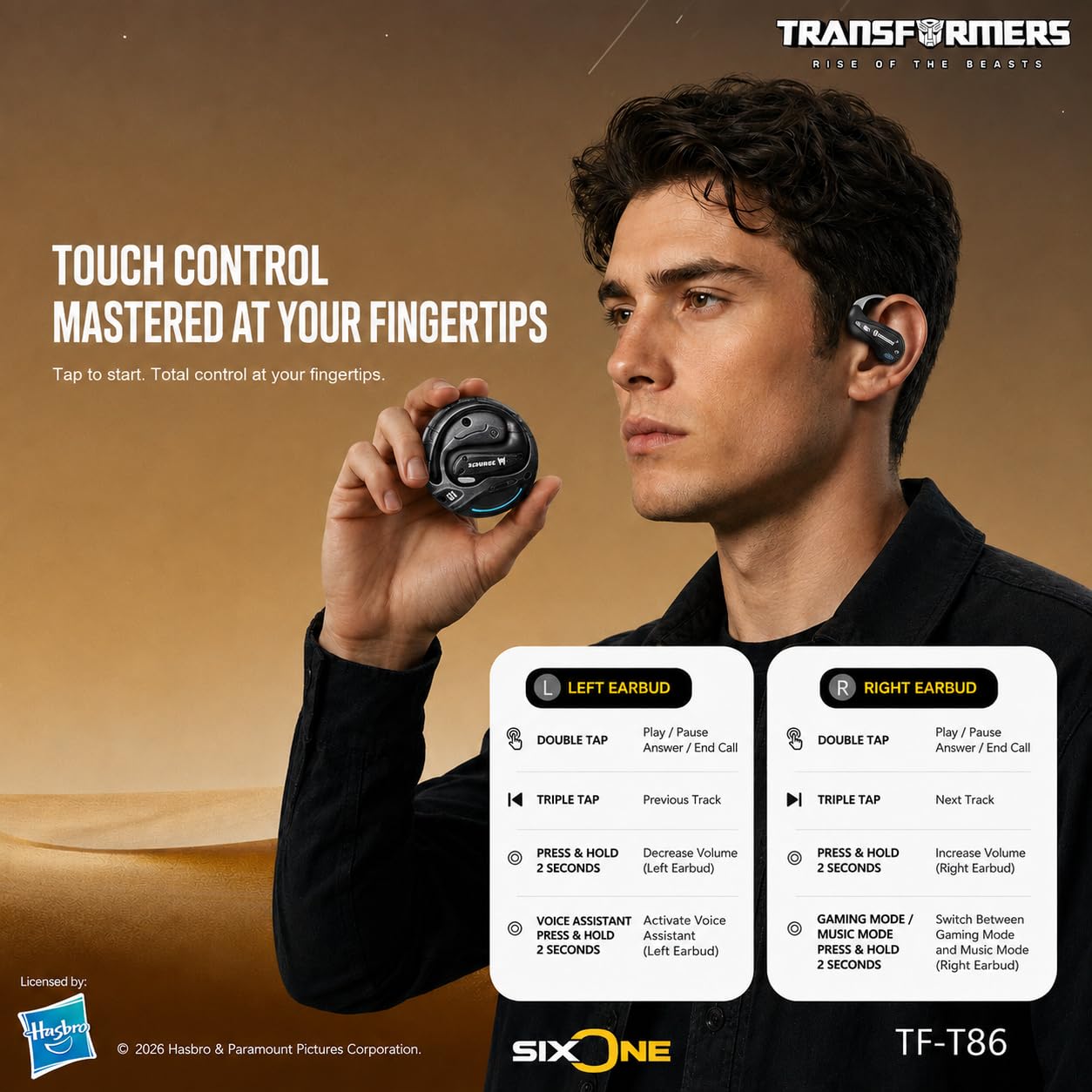 Transformers Flux T86 Auricolari wireless Bluetooth con gancio auricolare, custodia di ricarica per armatura in lega di zinco resistente, driver Hi-Fi da 14,2 mm, microfono integrato, modalità gioco e