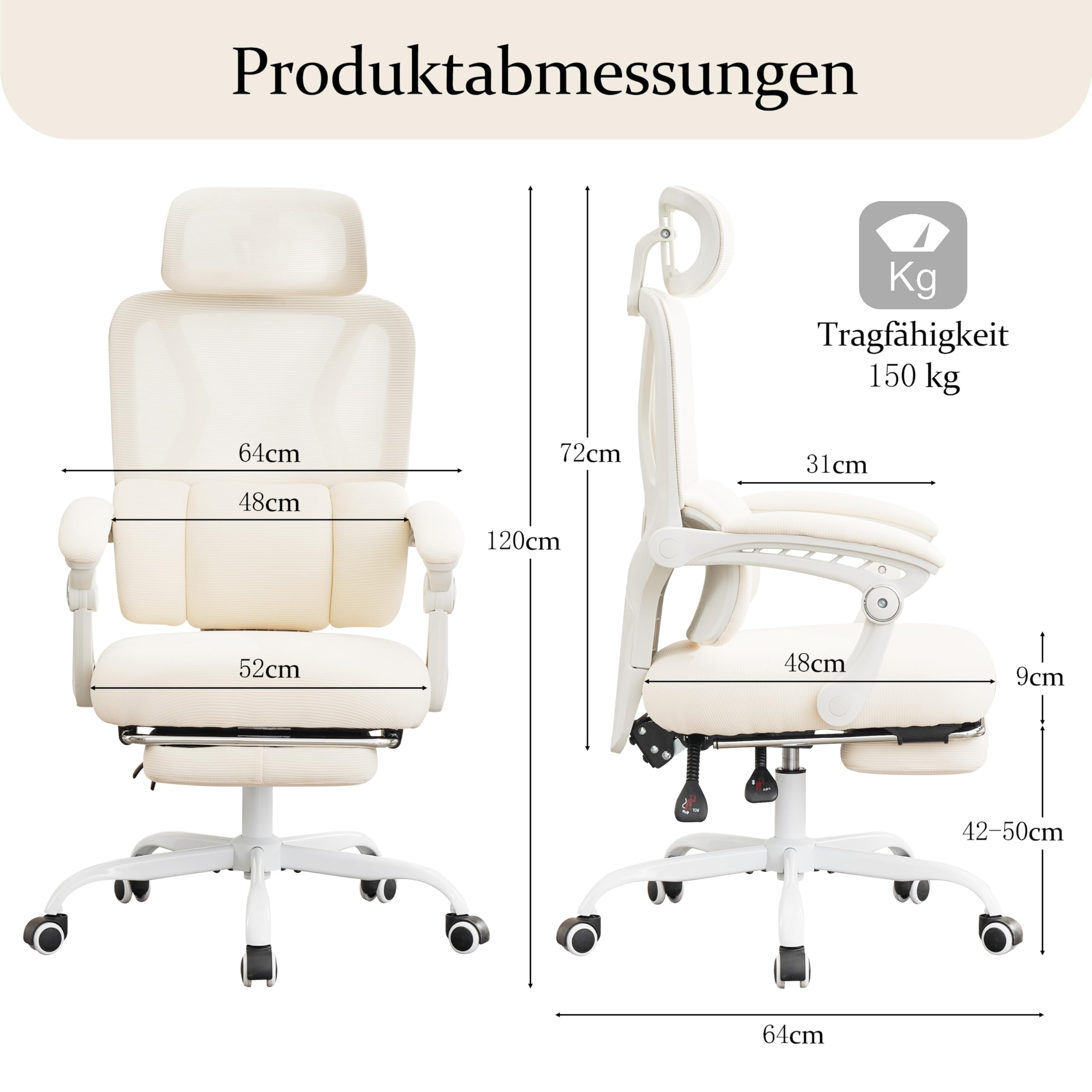 UEV Ergonomiczne krzesło biurowe z podnóżkiem, beżowe, krzesło do biura domowego, krzesło obrotowe, krzesło biurowe, nachylenie do 135°, regulacja wysokości, obciążenie do 150 kg, oddychający materiał