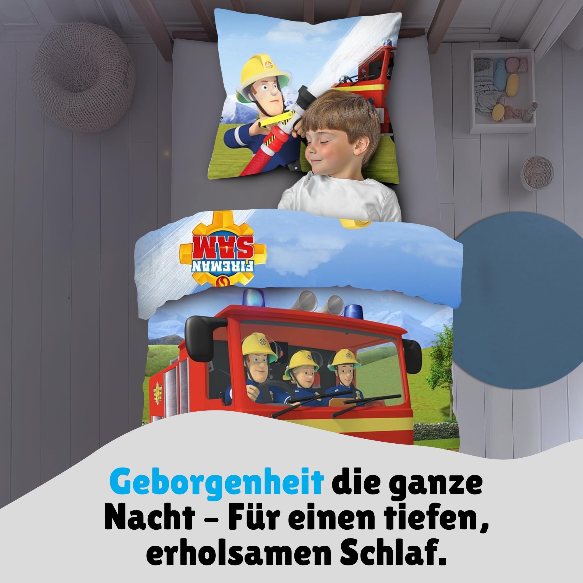 Familando – Feuerwehrmann Sam Bettwäsche-Set (2-teilig) – Decken- & Kissenbezug 135x200 cm & 80x80 cm mit Reißverschluss – 100% Baumwolle Renforcé – Hautfreundlich & kuschelig – Öko-TEX Zertifiziert