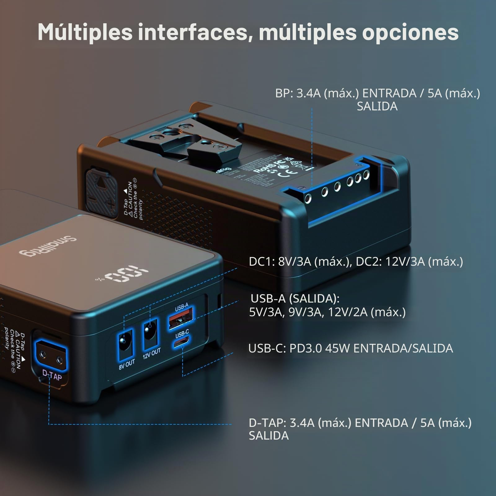 SMALLRIG V Mount Battery VB50, 3400mAh 50Wh 14.8V Mini V-Mount Batería Carga Rápida PD USB-C de 45W, con D-Tap, USB-A, Puerto DC Dual, Pantalla OLED, para Cámara, videocámara, Monitor etc. - 3579B