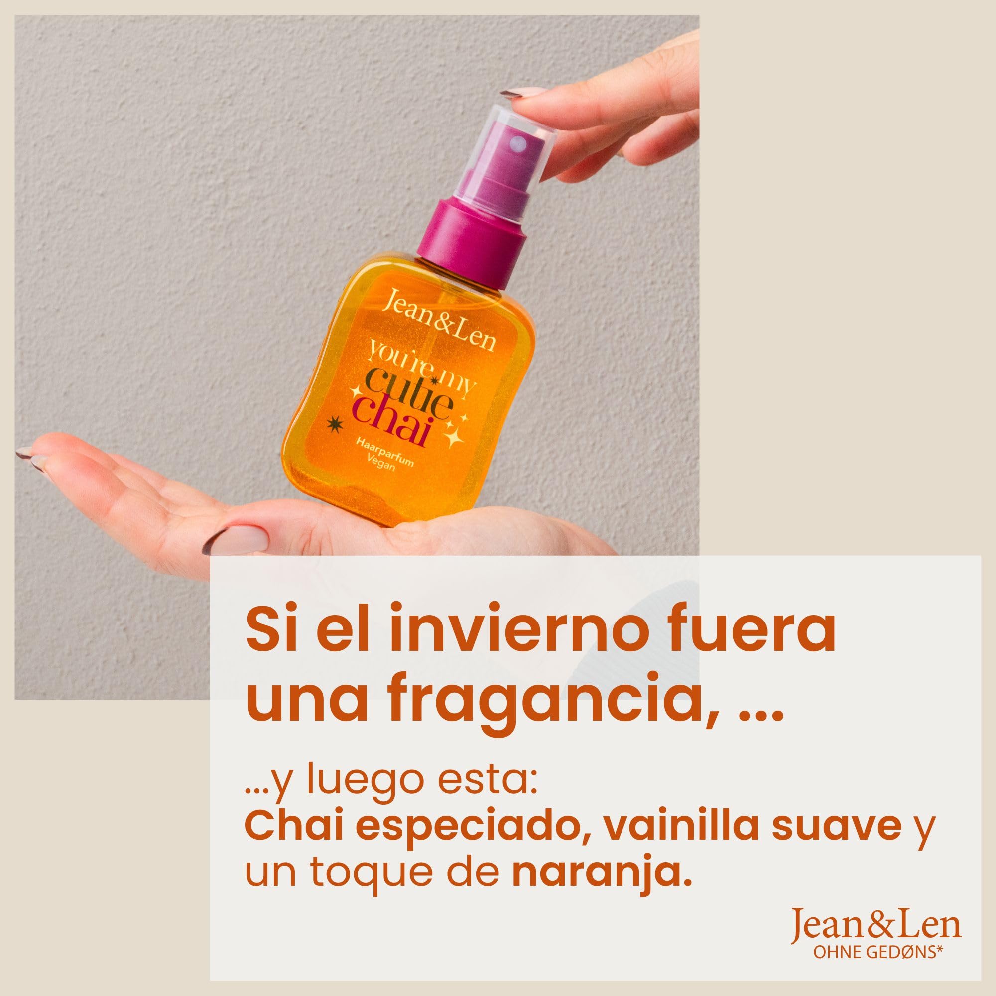 Jean & Len perfume capilar You’re My Cutie Chai, fórmula de cuidado con aminoácidos y pantenol, aroma invernal a especias chai, vainilla y naranja, con partículas de purpurina dorada, vegano, 105 ml