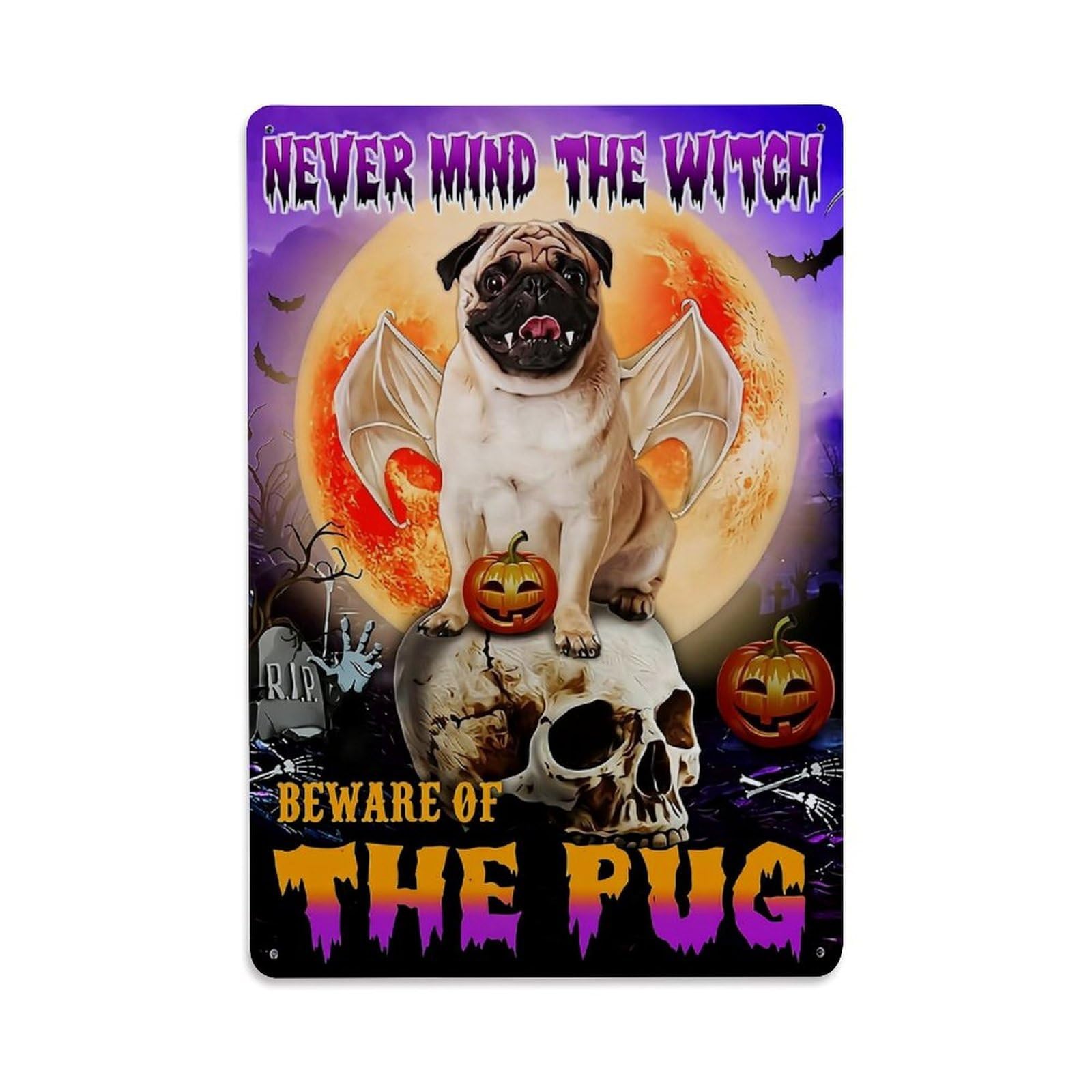 Jdfenggu Vintage Halloween Pug Bat Skull Pumpkin Retro Metal Tin Sign, Decor Art Poster For Bar, Home, Man Cave, Kitchen, Laundry Room Gift 8X12inch