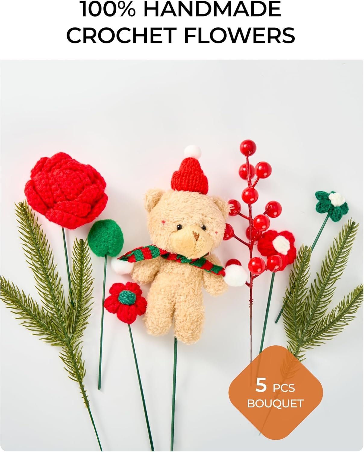 Christmas Crochet Flower Bouquet, Handmade Knitted Flowers with Rose Holly, for Lover Mother Women Family Friends, Lasting Holiday Home Decor