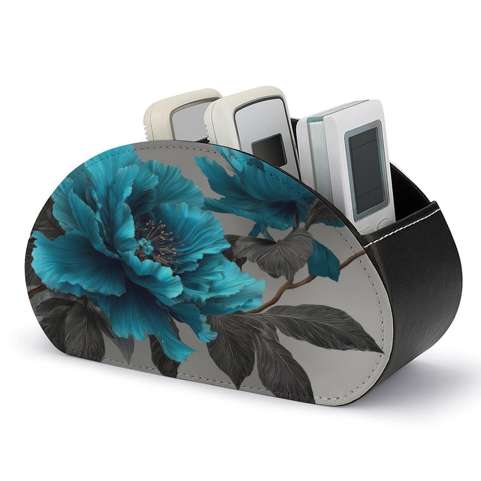 Jubonexis Teal Blue Flowers Remotes Control Holder with 5 Compartments Leather TV Remote Caddy Storage Box Desktop Organizer