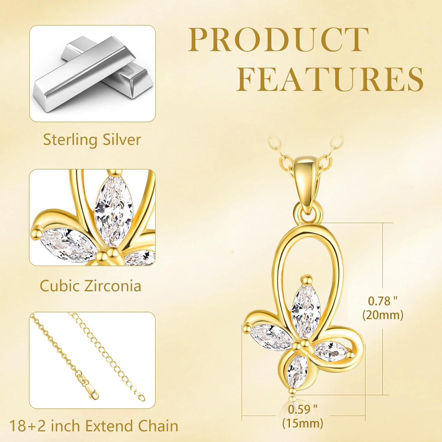 AENEAS Butterfly Necklace for Women 18K Gold Plated Sterling Silver Butterfly Pendant Necklace Butterfly Mother's Day Gifts for Women Mom Wife - Image 3