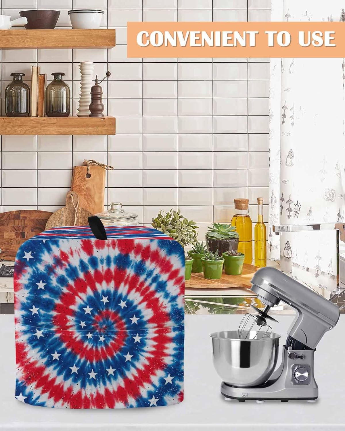 Blue Red Tie-dye Stand Mixer Cover with Storage Pocket, Waterproof Kitchen Mixer Covers, Vintage American Stars Abstract Art Kitchen Appliance Dust Cover Compatible with 4/4.5 Quart Mixers