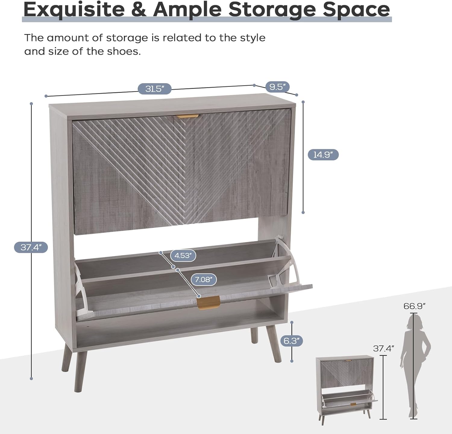 Shoe Cabinet with 2 Flip Drawers, Freestanding Shoe Organizer with 4 Wooden feet, Modern Shoes Storage Cabinet for Entryway, Hidden Narrow Shoe Rack Cabinet for Foyer, Hallway, Mudroom, Grey