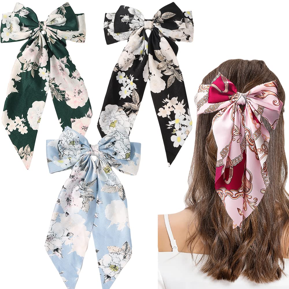 Blue and Black Floral Hair Bow Black Satin Hair Bow, Black Floral Hair Bow, Floral Jacquard  main image 4