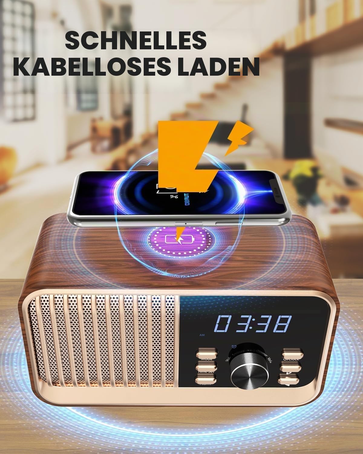 MONODEAL Radiowecker mit Ladefunktion, FM Radio mit Bluetooth Lautsprecher(8W), Schlummerfunktion, USB-Anschluss, TF-Kartensteckplatz, Dimmfunktion für das Schlafzimmer