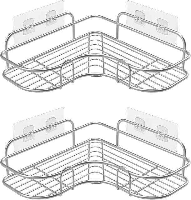 Newthinking Shower Corner Shelves No Drilling, Stainless Steel Bathroom Storage Shelf with 2 Self Adhesive Hooks, Wall Mounted Shower Caddy Organiser Shelves for Bathroom Accessories, 2 Pack