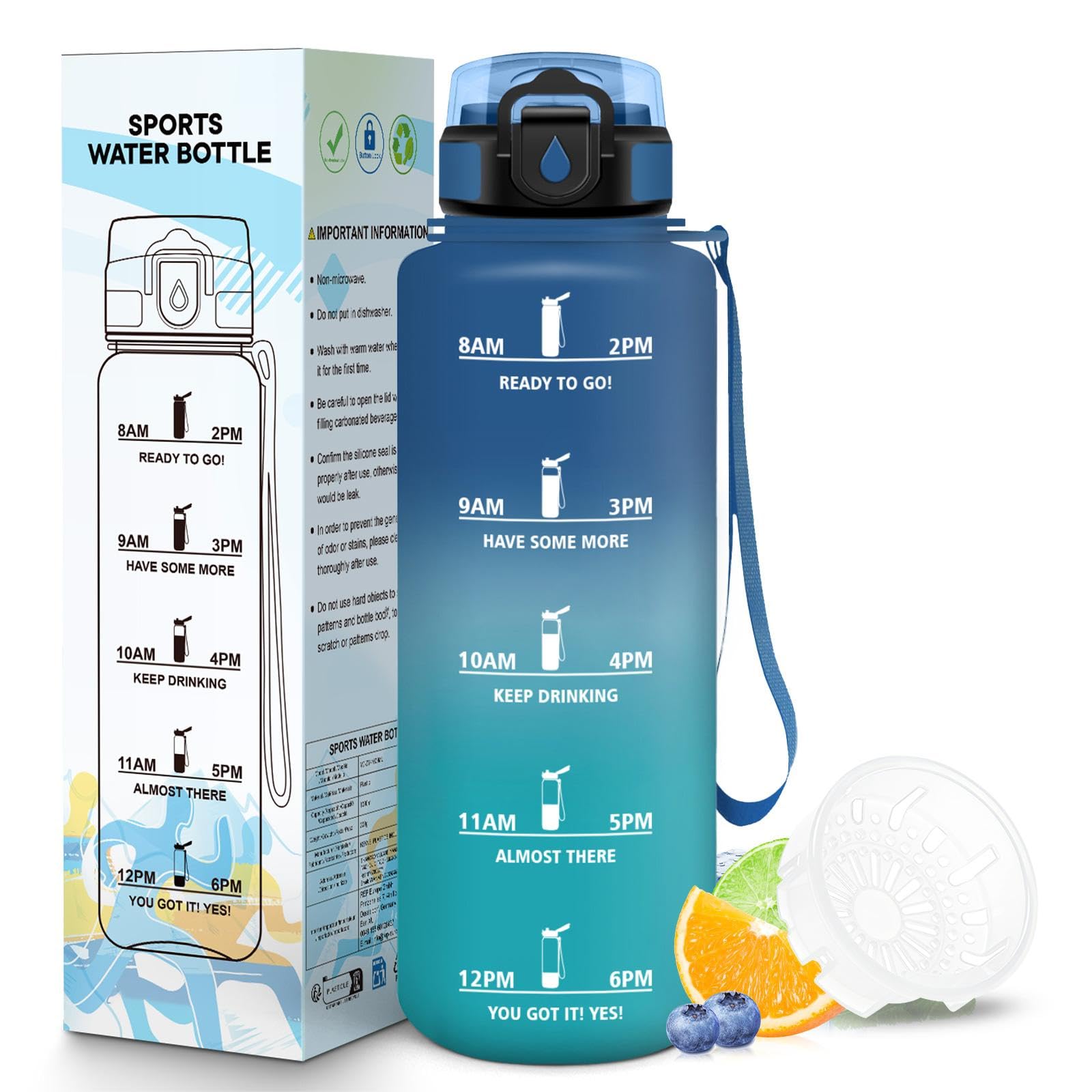 Mulbijeo Trinkflasche 1 5 Liter, Auslaufsicher, Wasserflasche mit Zeitmarkierung, Tragbares Trageseil, Wasserflasche mit Filter, Trinkflasche Kohlensäure Geeignet für Outdoor, Radfahren, Yoga