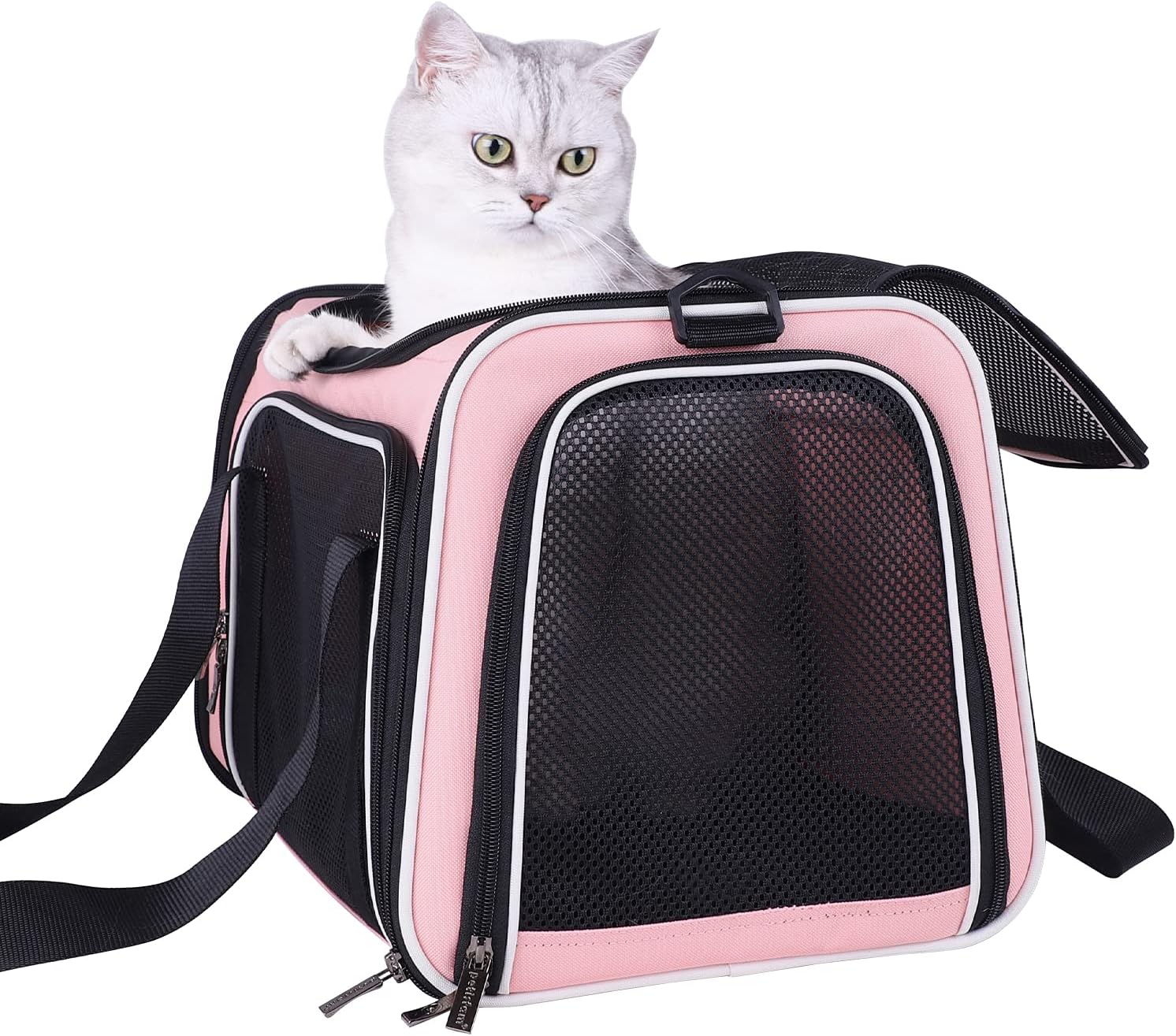 petisfam Soft Pet Carrier for Medium Cats and Small Dogs with Cozy Bed, 3 Doors, Top Entrance