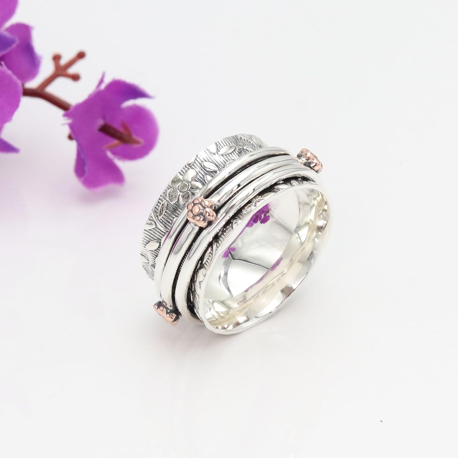 925 Sterling Silver Spinner Ring for Women – Floral Engraved Fidget Band
