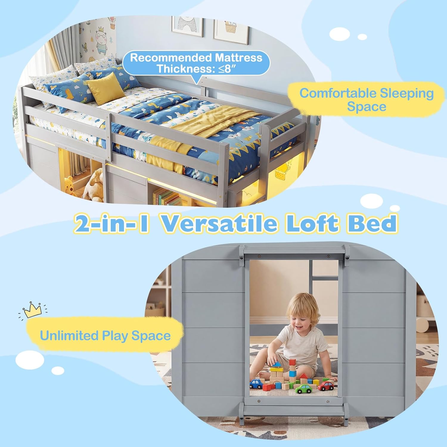 Giantex Loft Bed Twin Size with LED Lights, Wooden Low Bed Frames for Kids w/2 Doors, Under-Bed Play Space & Storage Bookcase, Modern Bedframe with Ladder & Safety Guardrail for Boys Girls (Grey)