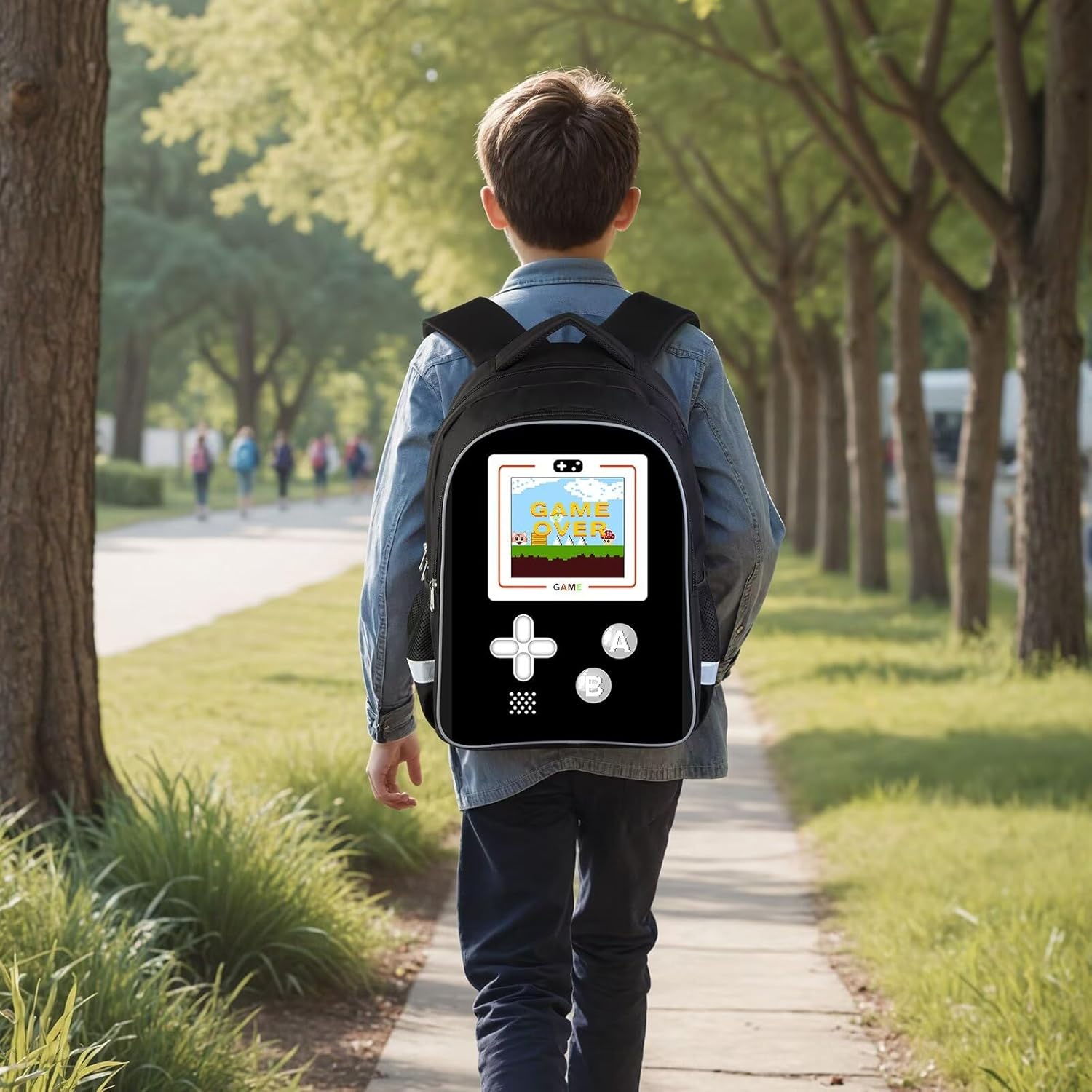 Gamer Boys Backpack with Lunch Box and Pencil Case Game Console Design Backpack Set,Student Bag,17″ Video Game Travel Backpack-Retro Black 3
