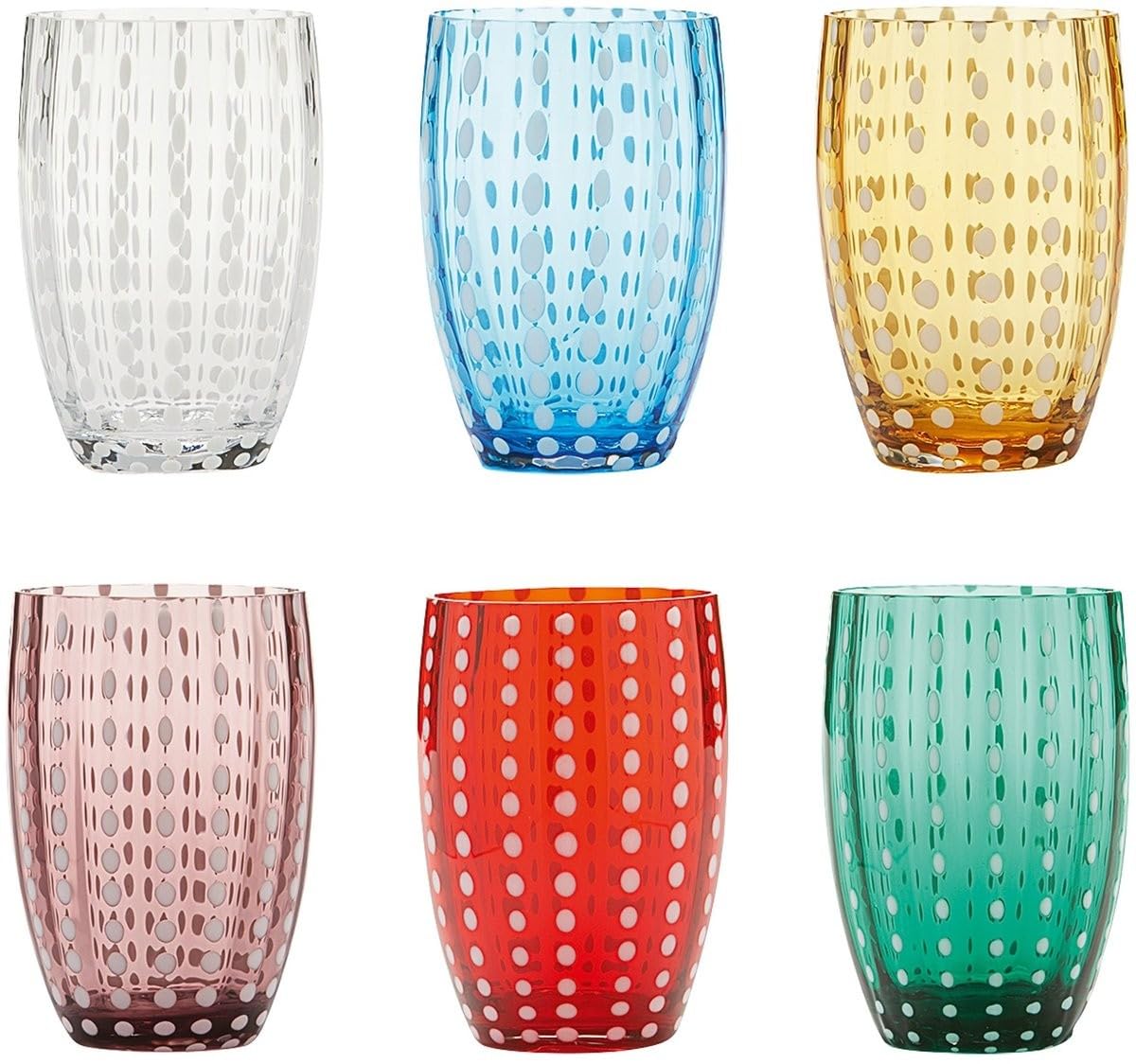 Zafferano PR00199 Perle Tumbler-Handmade Transparent Glass, cl 32 h 109mm d 71mm-Set 6 Pieces-Assorted Colour