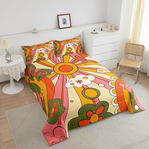 Miniatura 3 de Erosebridal Juego de edredón hippie de los años 60 y 70, tamaño Queen, vintage, bohemio, juego de ropa de cama con estampado de flores, nubes,