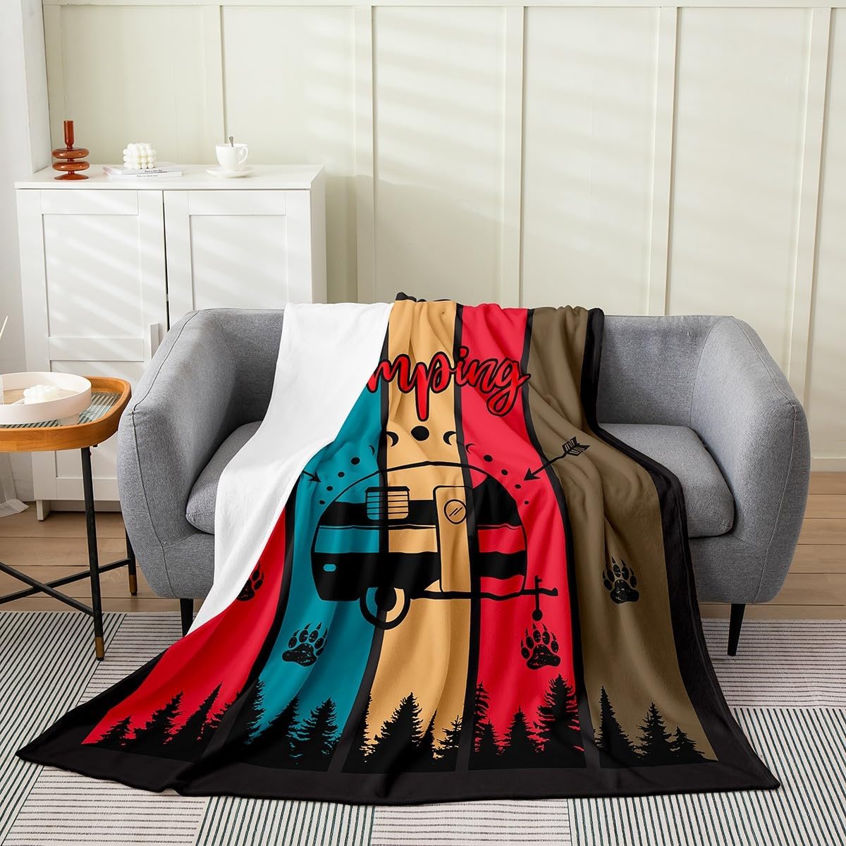 Happy Camping Fleece Blanket,Bear Claw Pines Rustic Farmhouse Cabin Bed Blanket for Kids Teens,Hunting Adventure Retro Striped Flannel Blanket for Room Decor,Queen 90"x90"