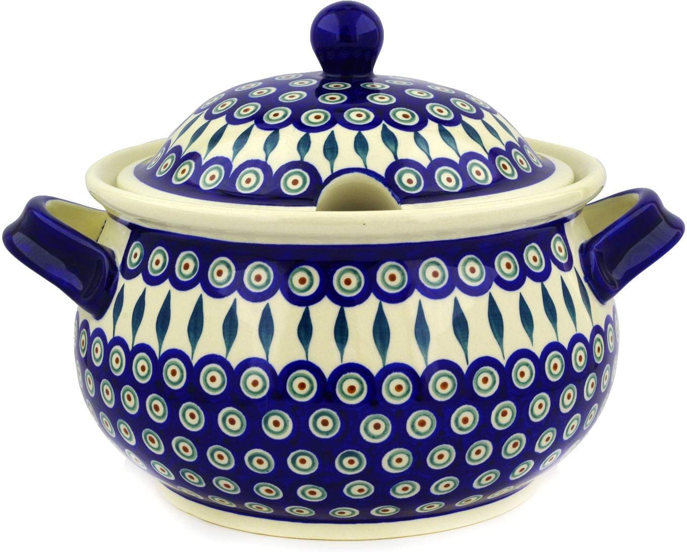 Polmedia Polish Pottery Tureen - Peacock Leaves Pattern Handmade in Boleslawiec Poland + Certificate of Authenticity