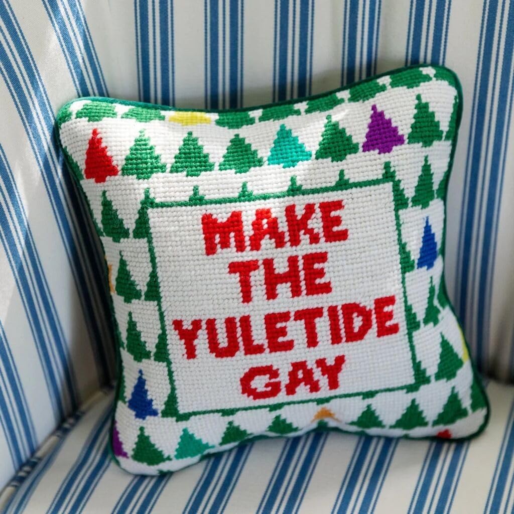 FURBISH Christmas Pillow - Make The Yuletide Gay Needlepoint Decorative Throw Pillow, Christmas Decor, Holiday Pillow for Couch & Bed, Eclectic Home Decor, 10" x 10"
