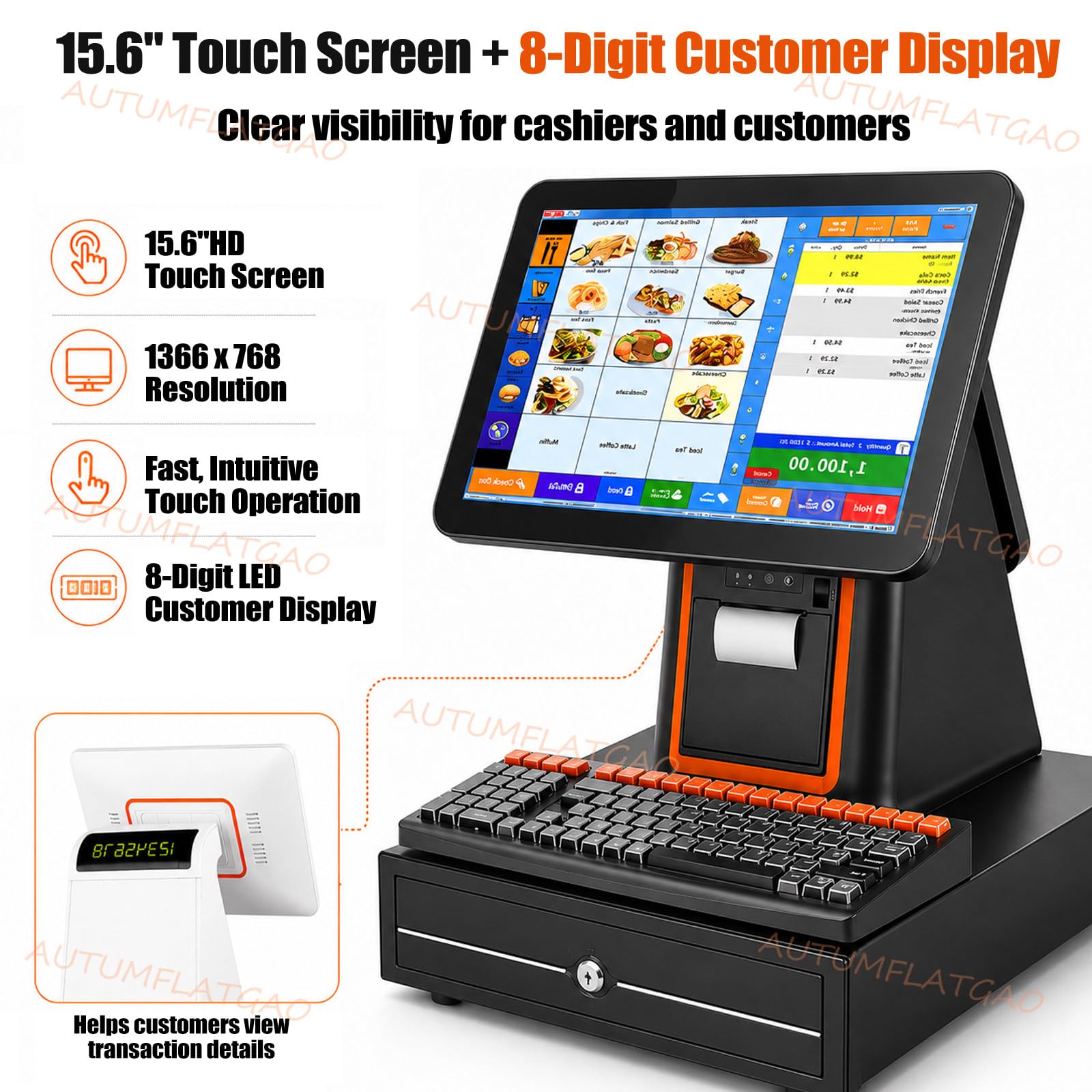Registratore di Cassa Touch Screen per Negozi, Ristoranti E Bar, Pos Cassa con Stampante Integrata, Cassetto Portadenaro, Scanner Barcode, Display Cliente E Schermo da 15,6" White