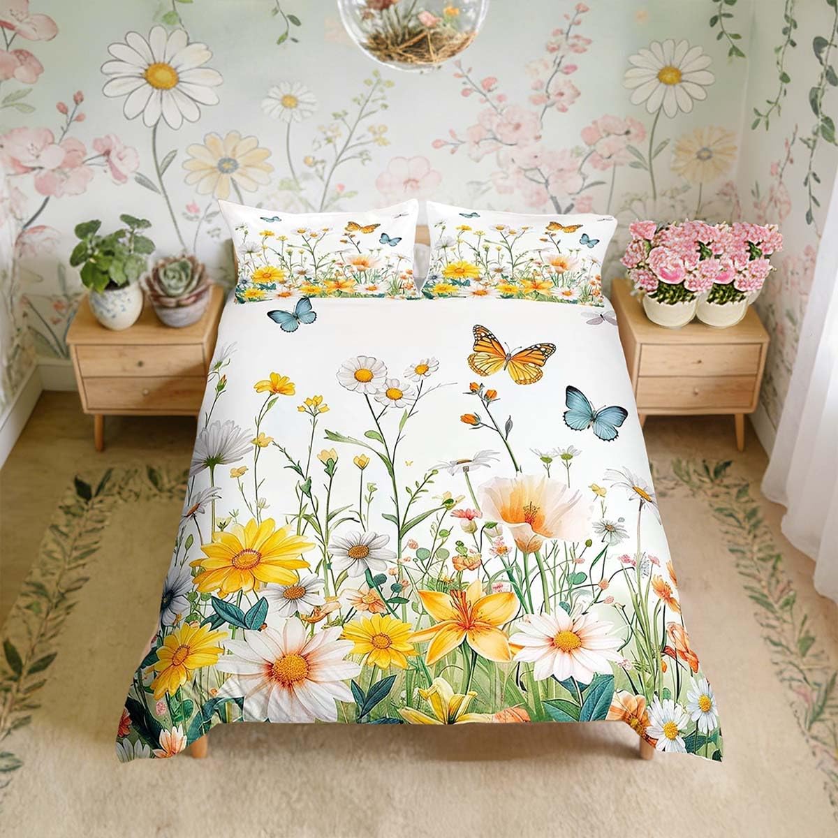 Homemissing Yellow Daisy Duvet Cover Set Double Size For Kids Boys Girls Butterfly Floral Printed Bedding Set Blossom Flowers Pattern Duvet Cover with 2 Pillowcases Natural Theme Bedding — image 1
