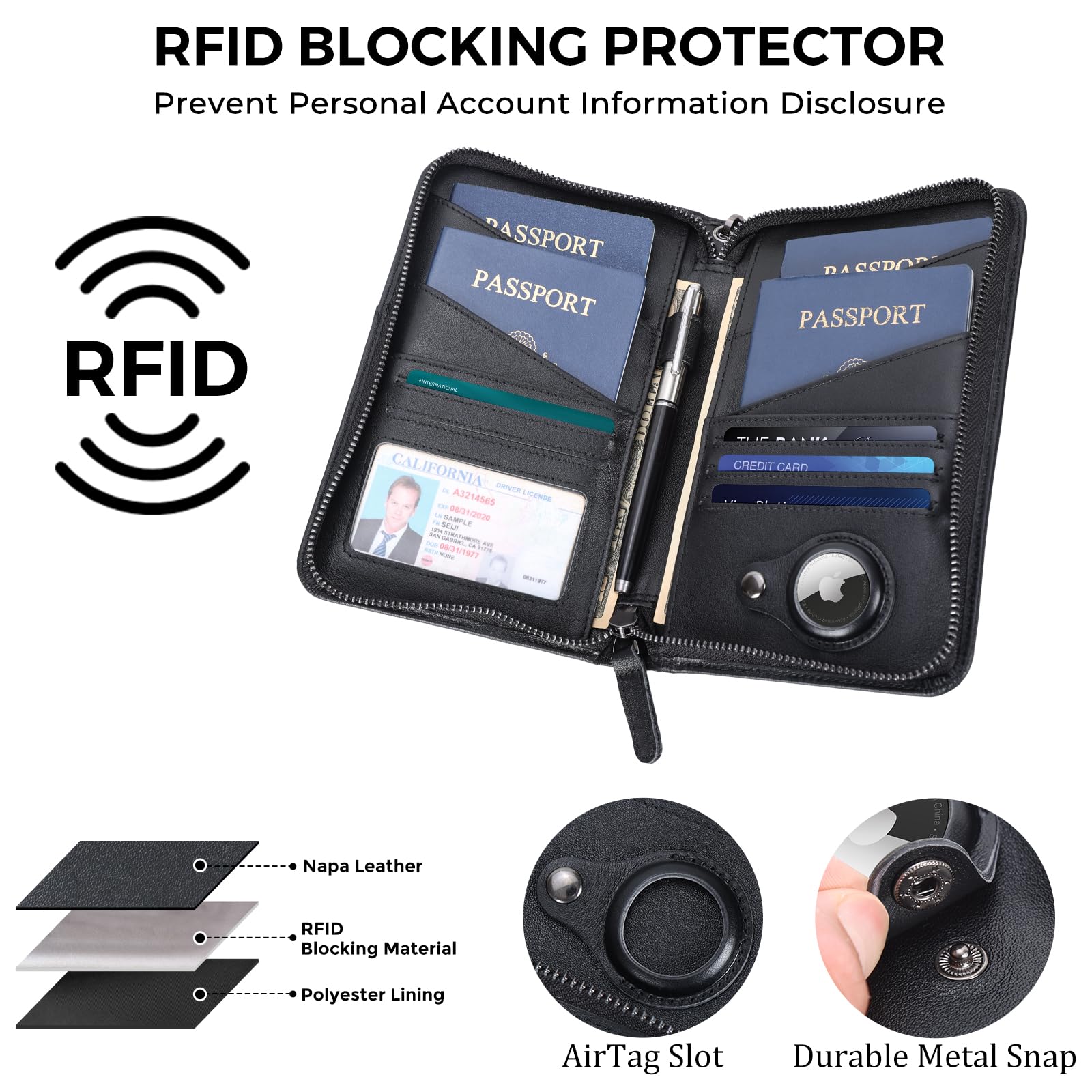 Polare Reisepasshülle aus Vollnarbenleder, für Damen und Herren, RFID-blockierend, für 6 Reisepässe