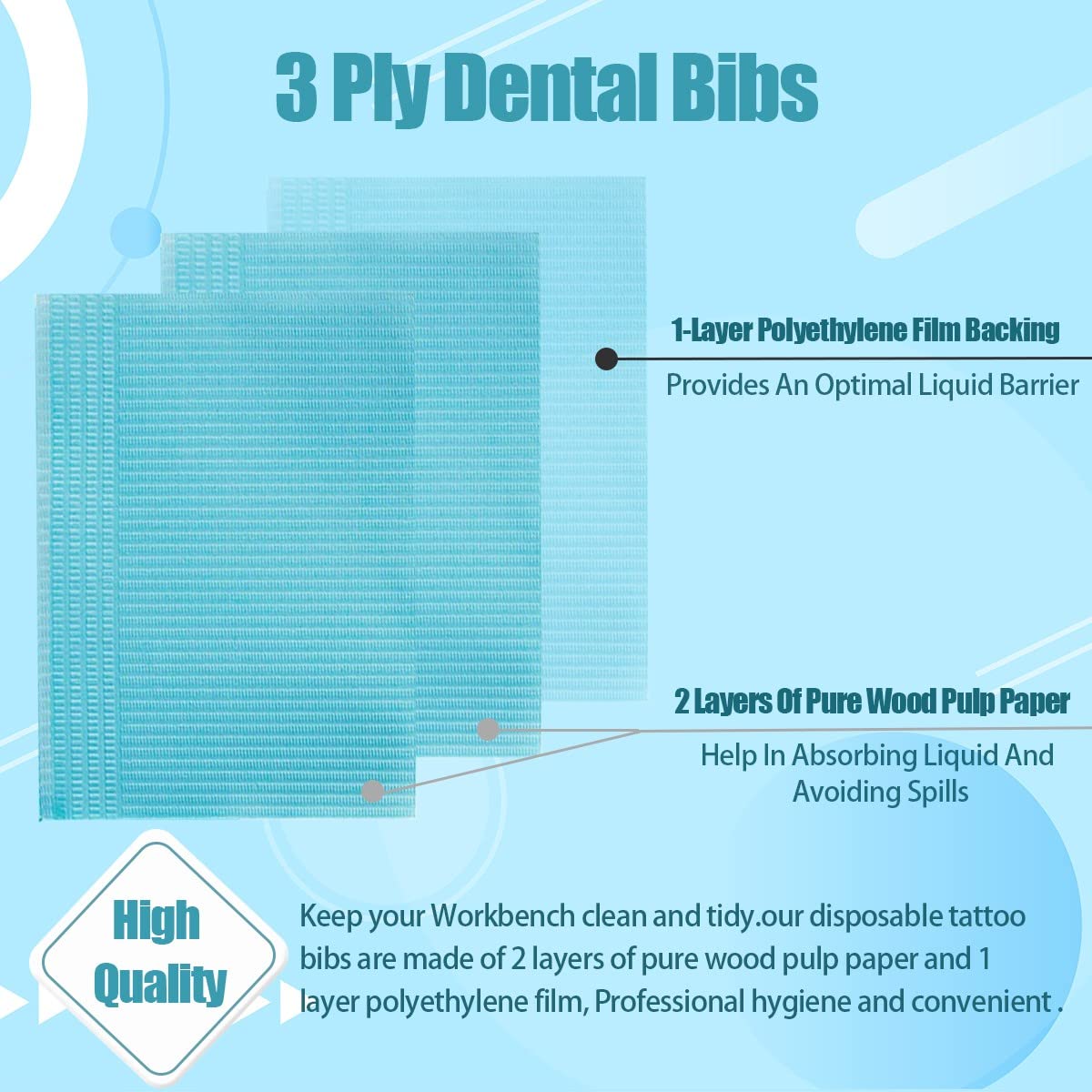 60 bavaglini dentali usa e getta per pazienti, 33 x 45,7 cm, a 3 strati, impermeabili, per tatuaggi, per cliniche dentali, stazione di tatuaggi