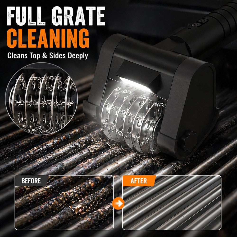 Pulitore Elettrico Senza Fili per Griglie, Spazzola Ricaricabile per La Pulizia del Barbecue con Rullo A Catena in Acciaio Inox 304 Rimovibile, Spaziatura Regolabile per Tutte Le Griglie