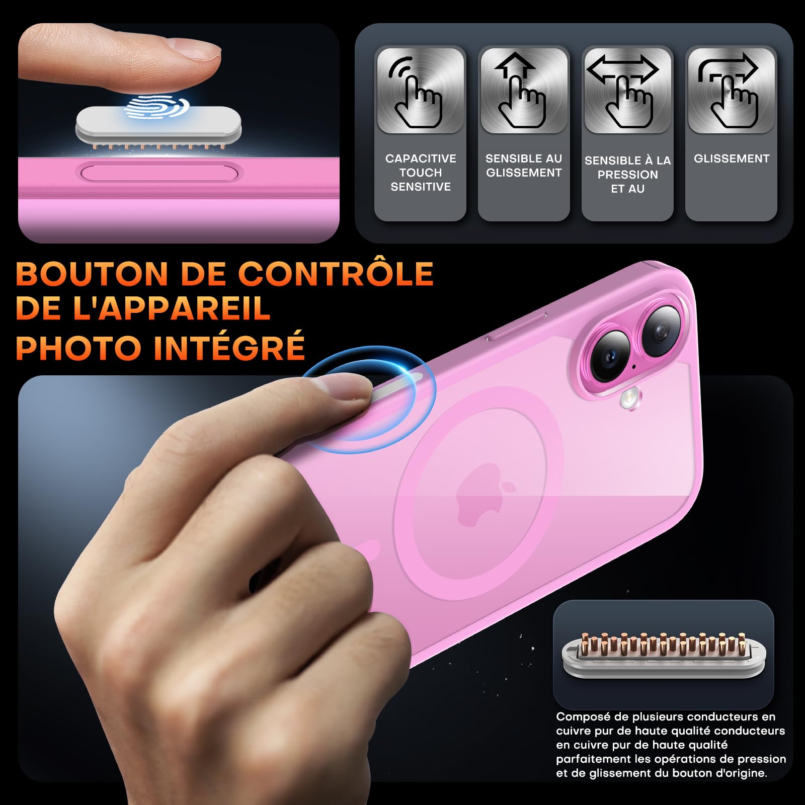 TAURI Coque Magnétique pour iPhone 16 avec Bouton de Capture de Contrôle de Caméra, Compatible avec MagSafe [Protection Militaire][Anti-Jaunissement] -Coque Mince 6,1 Pouces-Rose
