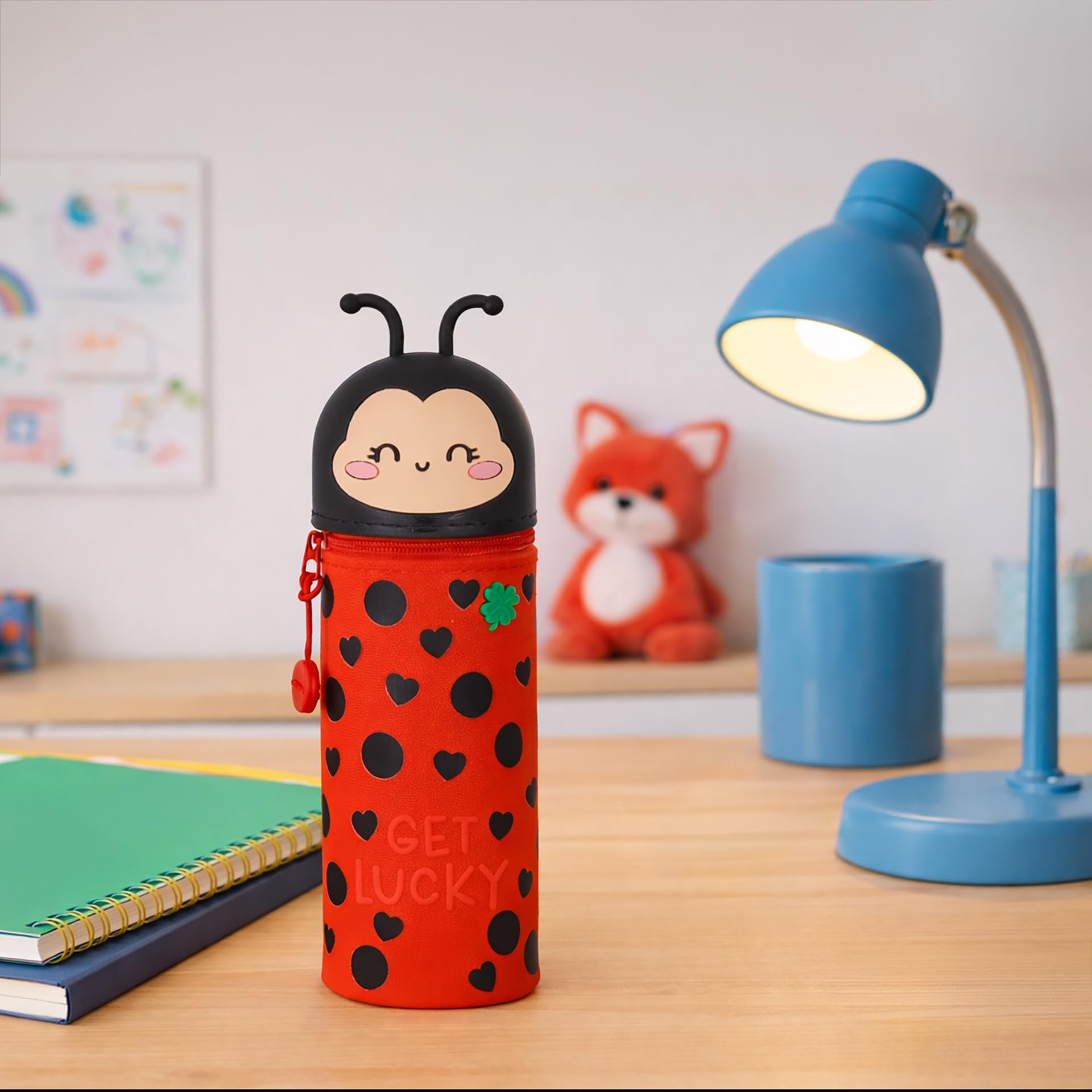 Legami - Kawaii piórnik szkolny 2 w 1 z miękkiego silikonu, uchwyt na długopis stołowy, zamknięcie na zamek błyskawiczny, długopisy kredki, Czerwony, Diametro 6,3 cm, Altezza Max 21,7 cm, ladybug