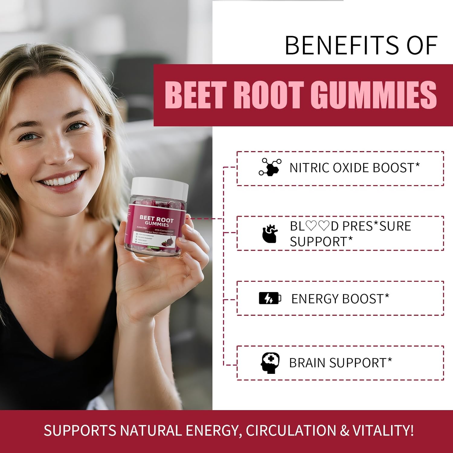 M inch Beet Root Gummies, Blood* Pressure Support & Nitric Oxide Booster, 8-in-1 Wellness Formula with Grape Seed, Coq10, Folic Acid, Vitamin C, B3 & B12, Sugar Free, Vegan, Pomegranate Flavor, 2 Pack - Image 3